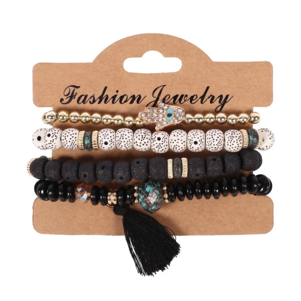 NWT 4pcs Black Bohemian Bracelet one with Evil eye